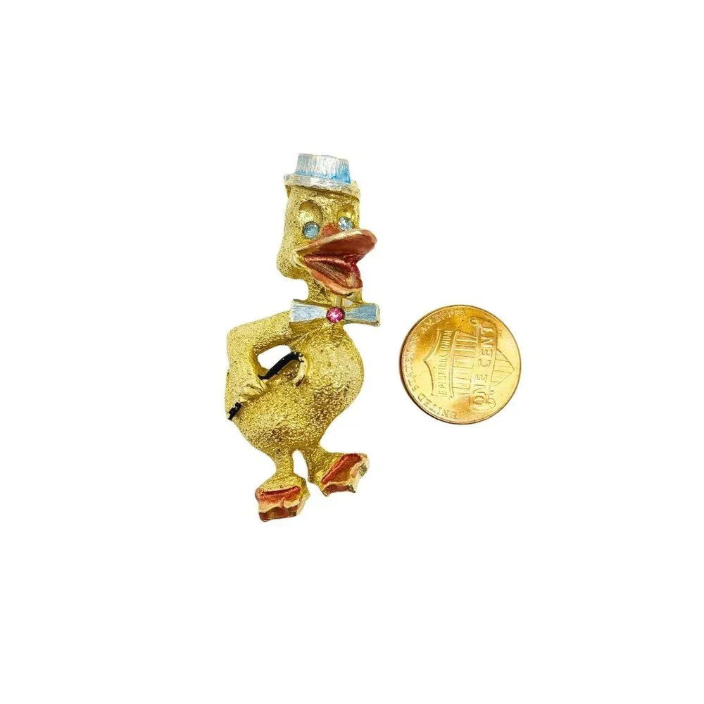 Vintage 1960s Duck Brooch | Gold Blue Rhinestone Eyes B.J. Pin